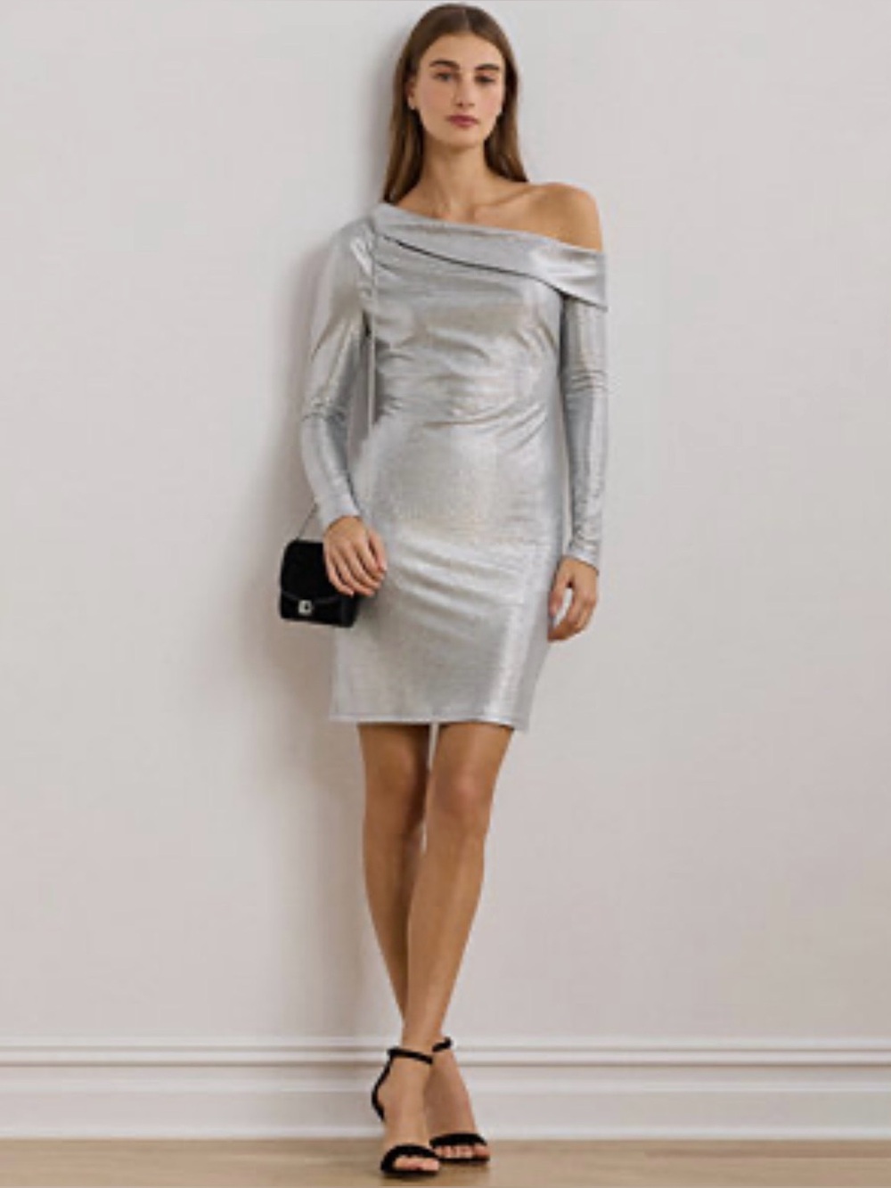 🆕 Lauren Ralph Lauren Metallic Off Shoulder Cocktail Dress Silver Size 4